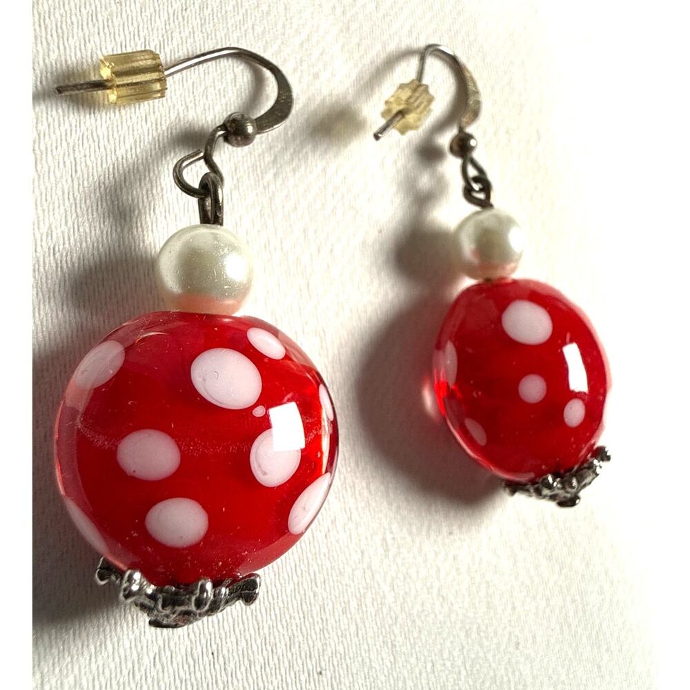 Red Polka Dot Dangle Earrings Retro Lampwork Style Silver Hooks Artsy